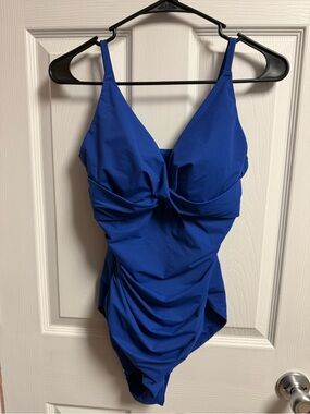 Blue Twist-Front One-Piece Swimsuit with Ruching